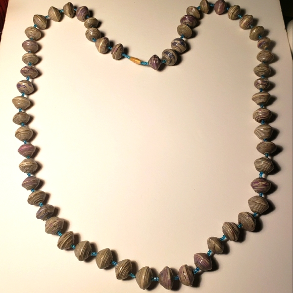 Pearls of Africa Long Paper Bead Necklace Grey White Burgundy Purple Blue Pinks - Picture 1 of 8
